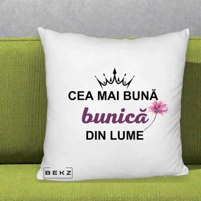 Cadou pentru Bunica - Perna Personalizata Cea Mai Buna Bunica Din Lume Coroana Mov Floare Roz, 40x40 cm, Alb Pufos, Husa Detasabila, Perna Inclusa, BEKZ®
