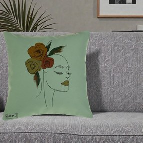 Perna Decorativa Portret Feminin Trandafiri Ruginii, 40x40 cm, Verde, Husa Detasabila, Perna Inclusa, BEKZ®