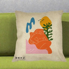 Perna Decorativa Femeie Portocalie Relaxata, 40x40 cm, Crem, Husa Detasabila, Perna Inclusa, BEKZ®