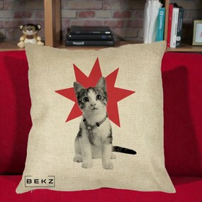 Perna Decorativa Pisica Star Pop Art, 40x40 cm, Crem, Husa Detasabila, Perna Inclusa, BEKZ®