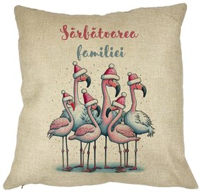 Perna Decorativa cu tematica de Craciun, Flamingo si Text 2, 40x40 cm, Husa Detasabila, Burduf