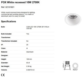 Spot LED dimabil / incastrabil tavan / plafon FOX alb 10W