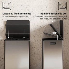 HOMCOM Coș de gunoi dublu cu pedală, 2 găleți de 30L și capac amortizat, gri | Aosom Romania