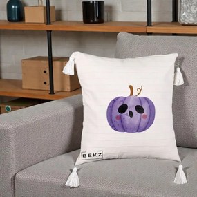 Perna Decorativa Dovleac Halloween Mov Kawaii, 40x40 cm, Bej cu Franjuri, Husa Detasabila, Perna Inclusa, BEKZ®