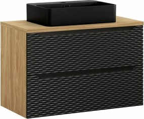 Set dulap baza suspendat 90 cm cu blat si lavoar Comad Ocean stejar uleiat si negru mat