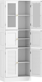 HOMCOM Dulap pentru baie cu 3 compartimente și 2 uși din sticlă și lemn, rafturi reglabile, 60x30x170 cm, alb | Aosom Romania