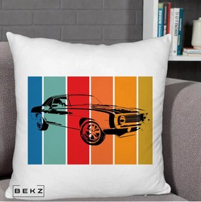 Perna Personalizata Masina Retro Muscle Car Grafic, 40x40 cm, Alb Pufos, Husa Detasabila, Perna Inclusa, BEKZ®