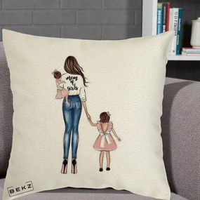 Cadou pentru Mama - Perna Personalizata Mom of Girls Mama cu Fetele, 40x40 cm, Ecru, Husa Detasabila, Perna Inclusa, BEKZ®