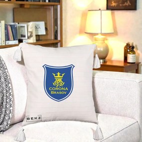 Perna Personalizata Corona Brasov Fotbal, 40x40 cm, Bej cu Franjuri, Husa Detasabila, Perna Inclusa, BEKZ®