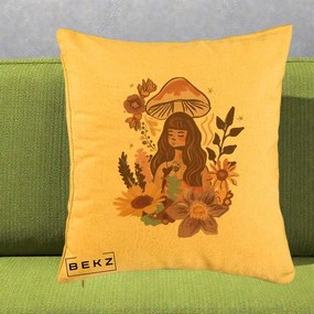 Perna Decorativa Fata Ciuperca Boho Florala, 40x40 cm, Galben, Husa Detasabila, Perna Inclusa, BEKZ®