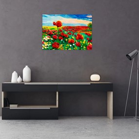 Tablou pe sticlă - Câmp cu maci (70x50 cm)
