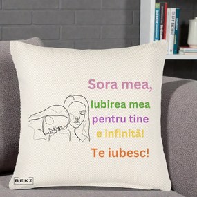 Cadou pentru Sora - Perna Personalizata Sora Mea Te Iubesc Line Art Fete Colorate Brate Ridicate, 40x40 cm, Crem Reliefat, Husa Detasabila, Perna Inclusa, BEKZ®