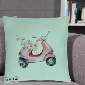Perna Decorativa Scuter Roz cu Flori Acuarela, 40x40 cm, Verde Menta, Husa Detasabila, Perna Inclusa, BEKZ®