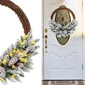 Coroniță de iarnă cu zăpadă și lumini LED calde