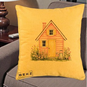 Perna Decorativa Casuta Roz Acuarela cu Gradina, 40x40 cm, Galben, Husa Detasabila, Perna Inclusa, BEKZ®