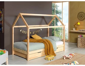 Pat pentru copii în culoare naturală de tip casă/cu extensie suplimentară din lemn masiv de pin cu spațiu de depozitare 90x200 cm DALLAS – Vipack