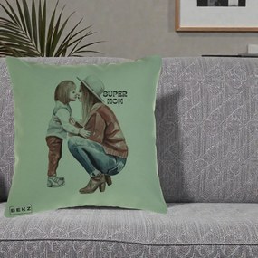 Cadou pentru Mama - Perna Personalizata Super Mom Acuarela, 40x40 cm, Verde, Husa Detasabila, Perna Inclusa, BEKZ®