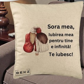 Cadou pentru Sora - Perna Personalizata Sora Mea Te Iubesc Doua Fete Iarna Acuarela, 40x40 cm, Bej, Husa Detasabila, Perna Inclusa, BEKZ®