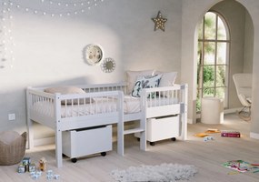 Pat Semi-Înălțat (Mid Sleeper) Forrest Beech 90x200 cm, pentru Camera Copii, din Lemn de Fag Lăcuit Alb, cu Scară și Sertare – Vipack