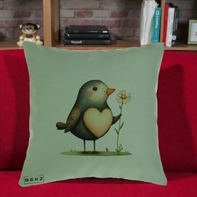 Perna Decorativa Pasare cu Inima si Margareta, 40x40 cm, Verde, Husa Detasabila, Perna Inclusa, BEKZ®