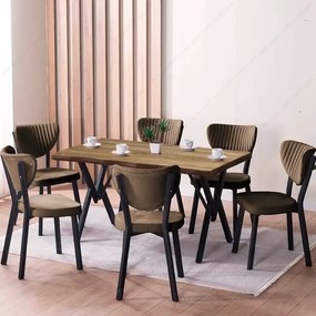 Set Masa Barton din MDF cu 6 Scaune  din metal, culaore nuc si maro, 140 cm