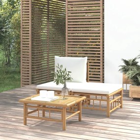 Set mobilier de gradina, cu perne alb crem, 3 piese, bambus