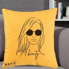 Perna Decorativa Beauty Girl Line Art, 40x40 cm, Galben, Husa Detasabila, Perna Inclusa, BEKZ®