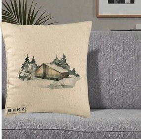 Perna Decorativa Cabana de Iarna in Padure, 40x40 cm, Bej, Husa Detasabila, Perna Inclusa, BEKZ®