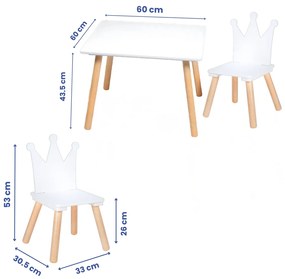 Set Masa si 2 Scaune Suporto pentru Copii din Lemn MDF, Model Print si Printesa, Scaun in Forma de Coronita, Varsta 3-6 Ani, cu Margini Rotunjite, Alb