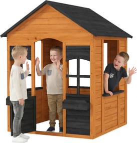 AIYAPLAY Căsuță pentru copii în aer liber din lemn, casă exterioară pentru copii, ușă pe jumătate, ferestre, jardiniere, 3-8 ani, maro deschis | Aosom Romania