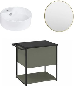 Set dulap baza suspendat Krofam Lov verde-negru 60 cm blat negru cu lavoar 38 cm si oglinda cu rama aurie