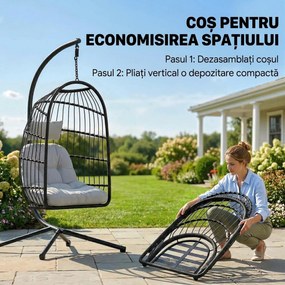 Outsunny Scaun Suspendat Tip Ou, Leagăn pentru Exterior cu Suport și Centură de Siguranță, Negru/Gri Deschis | Aosom Romania