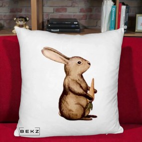 Perna Decorativa Iepuras Acuarela cu Morcov, 40x40 cm, Alb Pufos, Husa Detasabila, Perna Inclusa, BEKZ®