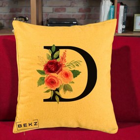 Cadou Personalizat - Perna Personalizata Monograma Florala Litera D, 40x40 cm, Galben, Husa Detasabila, Perna Inclusa, BEKZ®