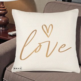 Perna Decorativa Love Caligrafie Aurie, 40x40 cm, Crem Reliefat, Husa Detasabila, Perna Inclusa, BEKZ®