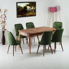Set masa extensibila cu 6 scaune tapitate Homs cargold 250-30050 nuc-VERDE,170 x 80 cm