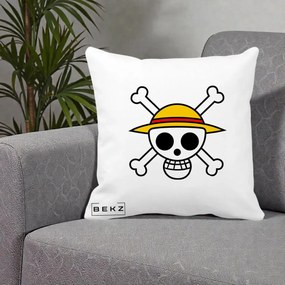 Perna Personalizata One Piece Jolly Roger Straw Hat Pirates, 40x40 cm, Alba Mata, Husa Detasabila, Perna Inclusa, BEKZ®