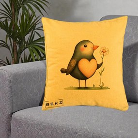Perna Decorativa Pasare cu Inima si Margareta, 40x40 cm, Galben, Husa Detasabila, Perna Inclusa, BEKZ®