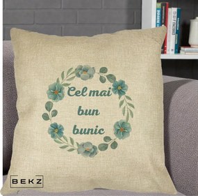 Cadou pentru Bunic - Perna Personalizata Cel Mai Bun Bunic Coronita Flori Albastre Teal, 40x40 cm, Crem, Husa Detasabila, Perna Inclusa, BEKZ®