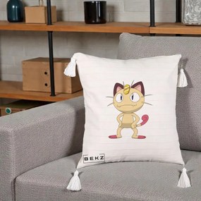 Perna Personalizata Meowth Pokemon, 40x40 cm, Bej cu Franjuri, Husa Detasabila, Perna Inclusa, BEKZ®