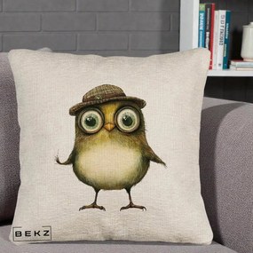 Perna Decorativa Pui Intelectual cu Palarie Tweed, 40x40 cm, Bej Canapea, Husa Detasabila, Perna Inclusa, BEKZ®