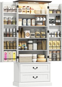 HOMCOM Bufet înalt bucătărie, dulap de bucătărie, LED cu senzor, 2 uși, sertare și rafturi reglabile, 76x39,5x183cm, alb | Aosom Romania