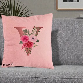 Cadou Personalizat - Perna Personalizata Monograma Rose Gold Litera V, 40x40 cm, Roz, Husa Detasabila, Perna Inclusa, BEKZ®