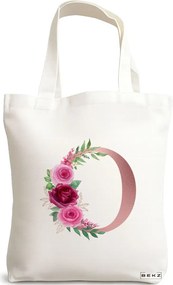 Sacosa de Panza pentru Cumparaturi, Geanta Tote, Cu litera O Rose Gold si Trandafiri, 38x34.5 cm, Alba, BEKZ®