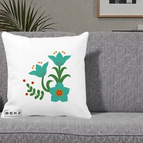 Perna Decorativa Flori Stilizate Folk Turcoaz, 40x40 cm, Alba Mata, Husa Detasabila, Perna Inclusa, BEKZ®