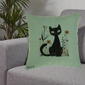 Perna Decorativa Pisica Neagra Flori Pastel Folk, 40x40 cm, Verde, Husa Detasabila, Perna Inclusa, BEKZ®