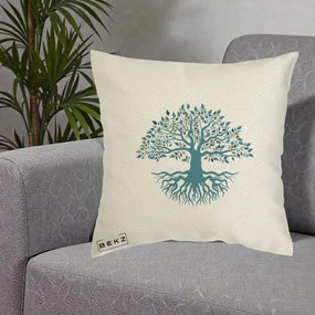 Perna Decorativa Copacul Vietii Teal cu Radacini, 40x40 cm, Ecru, Husa Detasabila, Perna Inclusa, BEKZ®