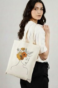 Sacosa de Panza pentru Cumparaturi, Geanta Tote, Flower Lady 16, 38x34.5 cm, Alba, BEKZ®