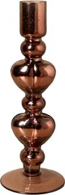 Sfeșnic din sticlă cu inimi sculptate suprapuse, maro-argintiu, finisaj lucios, 23×8 cm, „Cœur"