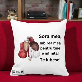 Cadou pentru Sora - Perna Personalizata Sora Mea Te Iubesc Doua Fete Iarna Acuarela, 40x40 cm, Alba Mata, Husa Detasabila, Perna Inclusa, BEKZ®